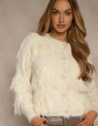 j&x Cardigan Bej în stil elegant cu imitație de pene și nasturi de perle Nessea