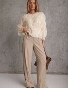 j&x Cardigan Bej Tricotat cu Lână Imitând Penele cu Nasturi Perlați Meviatta