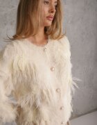 j&x Cardigan Bej Tricotat cu Lână Imitând Penele cu Nasturi Perlați Meviatta