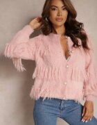 j&x Cardigan Casual Roz Pufos cu Lână Franjuri și Nasturi Mavanira