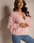 j&x Cardigan Casual Roz Pufos cu Lână Franjuri și Nasturi Mavanira