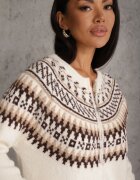 j&x Cardigan cu fermoar cu lână în motiv norvegian Oliac Bej deschis
