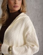 j&x Cardigan cu lână și bumbac lungă cu glugă cu nasturi și model împletit Nahili Bej deschis