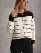 j&x Cardigan descheiat cu bumbac și lână cu dungi Vomarie Negru cu crem