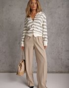 j&x Cardigan descheiat cu bumbac și lână decorat cu dungi Corelie Bej deschis