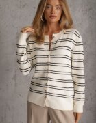 j&x Cardigan descheiat cu bumbac și lână decorat cu dungi Corelie Bej deschis