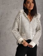 j&x Cardigan din bumbac și lână cu glugă cu blană și motiv în dungi Maevesa Alb cu negru