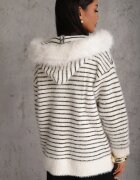 j&x Cardigan din bumbac și lână cu glugă cu blană și motiv în dungi Maevesa Alb cu negru