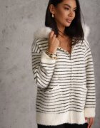 j&x Cardigan din bumbac și lână cu glugă cu blană și motiv în dungi Maevesa Alb cu negru