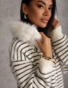j&x Cardigan din bumbac și lână cu glugă cu blană și motiv în dungi Maevesa Alb cu negru