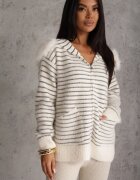 j&x Cardigan din bumbac și lână cu glugă cu blană și motiv în dungi Maevesa Gri cu alb