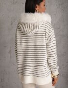 j&x Cardigan din bumbac și lână cu glugă cu blană și motiv în dungi Maevesa Gri cu alb