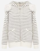 j&x Cardigan din bumbac și lână cu glugă cu blană și motiv în dungi Maevesa Gri cu alb