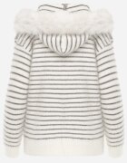 j&x Cardigan din bumbac și lână cu glugă cu blană și motiv în dungi Maevesa Gri cu alb