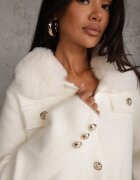j&x Cardigan elegant cu lână nasturi metalici și blăniță artificială Lalistu Alb