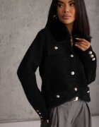 j&x Cardigan elegant cu lână nasturi metalici și blăniță artificială Lalistu Negru