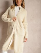 j&x Cardigan Lung Bej Deschis cu Croială Dreaptă cu Guler Tip Tunică cu Amestec de Lână și Închidere cu Fermoar Bonitana