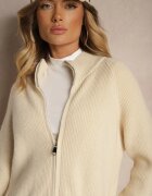 j&x Cardigan Lung Bej Deschis cu Croială Dreaptă cu Guler Tip Tunică cu Amestec de Lână și Închidere cu Fermoar Bonitana
