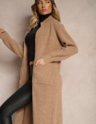 j&x Cardigan Lung Bej Închis cu Croială Dreaptă Guler Înalt cu Lână și Închidere cu Fermoar Bonitana