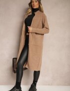 j&x Cardigan Lung Bej Închis cu Croială Dreaptă Guler Înalt cu Lână și Închidere cu Fermoar Bonitana