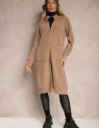 j&x Cardigan Lung Bej Închis cu Croială Dreaptă Guler Înalt cu Lână și Închidere cu Fermoar Bonitana
