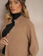 j&x Cardigan Lung Bej Închis cu Croială Dreaptă Guler Înalt cu Lână și Închidere cu Fermoar Bonitana