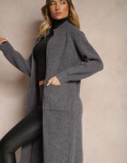 j&x Cardigan Lung Gri închis cu croială dreaptă cu guler înalt cu amestec de lână și închidere cu fermoar Bonitana