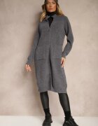 j&x Cardigan Lung Gri închis cu croială dreaptă cu guler înalt cu amestec de lână și închidere cu fermoar Bonitana