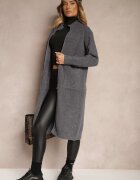 j&x Cardigan Lung Gri închis cu croială dreaptă cu guler înalt cu amestec de lână și închidere cu fermoar Bonitana