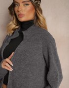 j&x Cardigan Lung Gri închis cu croială dreaptă cu guler înalt cu amestec de lână și închidere cu fermoar Bonitana