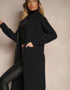 j&x Cardigan Lung Negru cu croială simplă cu guler înalt cu amestec de lână și închidere cu fermoar Bonitana