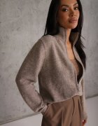 j&x Cardigan minimalist cu guler tip tunică din lână și bumbac cu fermoar Indine Bej închis