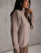 j&x Cardigan minimalist cu guler tip tunică din lână și bumbac cu fermoar Indine Bej închis