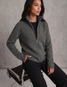 j&x Cardigan minimalist cu guler tip tunică din lână și bumbac cu fermoar Indine Gri închis