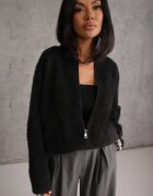 j&x Cardigan pufos cu fermoar din tricot cu efect fluffy lână și bumbac Selimena Negru