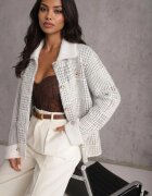 j&x Cardigan tweed cu lână cu nasturi bijuterie și buzunare cu clapă Alveme Alb