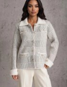 j&x Cardigan tweed cu lână cu nasturi bijuterie și buzunare cu clapă Alveme Alb