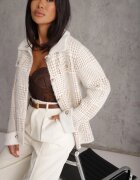 j&x Cardigan tweed cu lână cu nasturi bijuterie și buzunare cu clapă Alveme Bej deschis