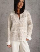 j&x Cardigan tweed cu lână cu nasturi bijuterie și buzunare cu clapă Alveme Bej deschis