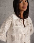j&x Cardigan tweed cu lână cu nasturi bijuterie și buzunare cu clapă Alveme Bej deschis