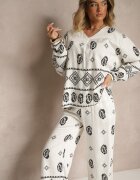 j&x Compleu Alb-Negru în Stil Etno Pantaloni cu Talie Elastică și Bluză Oversize Eviralyn