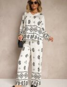 j&x Compleu Alb-Negru în Stil Etno Pantaloni cu Talie Elastică și Bluză Oversize Eviralyn
