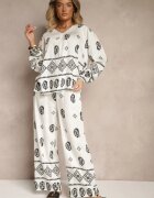 j&x Compleu Alb-Negru în Stil Etno Pantaloni cu Talie Elastică și Bluză Oversize Eviralyn