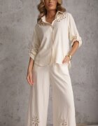 j&x Compleu Bej Boho din Bumbac Cămașă și Pantaloni cu Detalii Ajurate Runesa