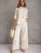 j&x Compleu Bej Boho din Bumbac Cămașă și Pantaloni cu Detalii Ajurate Runesa