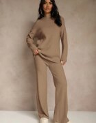 j&x Compleu Bej închis cu lână și bumbac Pantaloni largi și Pulover lung Reilissa