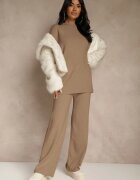 j&x Compleu Bej închis cu lână și bumbac Pantaloni largi și Pulover lung Reilissa