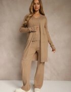 j&x Compleu Bej închis din tricot cu bumbac Pantaloni Vestă și Lung Cardigan Mevalinia