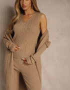 j&x Compleu Bej închis din tricot cu bumbac Pantaloni Vestă și Lung Cardigan Mevalinia