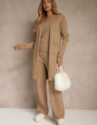j&x Compleu Bej închis din tricot cu bumbac Pantaloni Vestă și Lung Cardigan Mevalinia